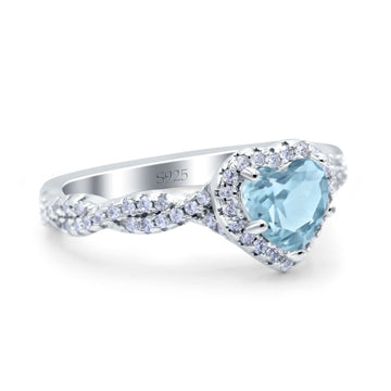 Art Deco Heart Infinity Wedding Bridal Ring Simulated Aquamarine CZ 925 Sterling Silver